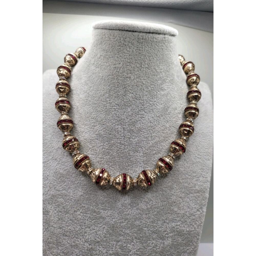 Vintage VOGUE Red Rhinestone Engraved Bead Necklace 1940s to 1950s Signed